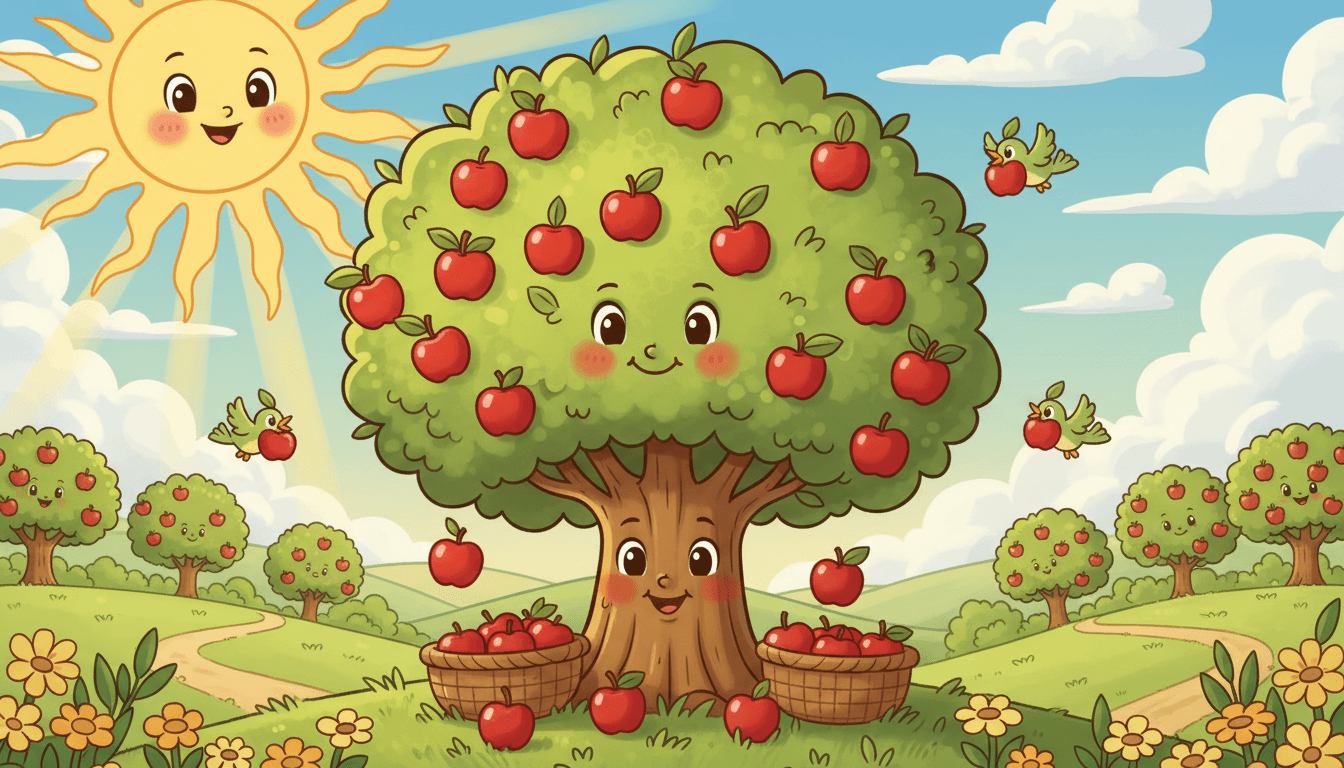 잘 익은 사과가 주렁주렁 달린 행복한 사과나무의 매력적인 만화 일러스트레이션.