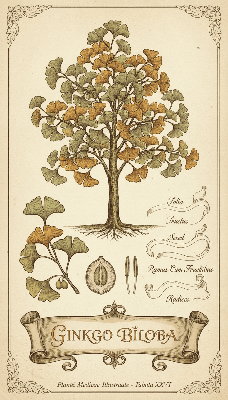 은행나무와 같은 특정 나무 종의 빈티지 식물학 일러스트레이션, 세밀하고 정확한 묘사.