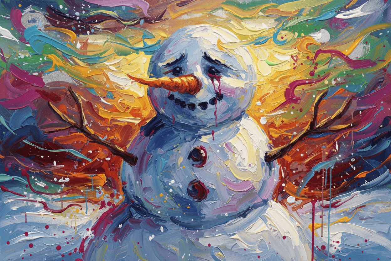 구불구불한 색상으로 눈사람의 감정을 표현한 추상적인 표현주의 일러스트.