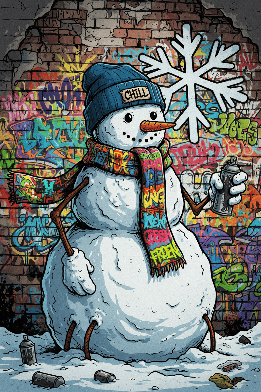 비니와 그래피티 스카프를 두른 눈사람이 벽돌 벽을 배경으로 한 거친 도시 미술 스타일 일러스트.