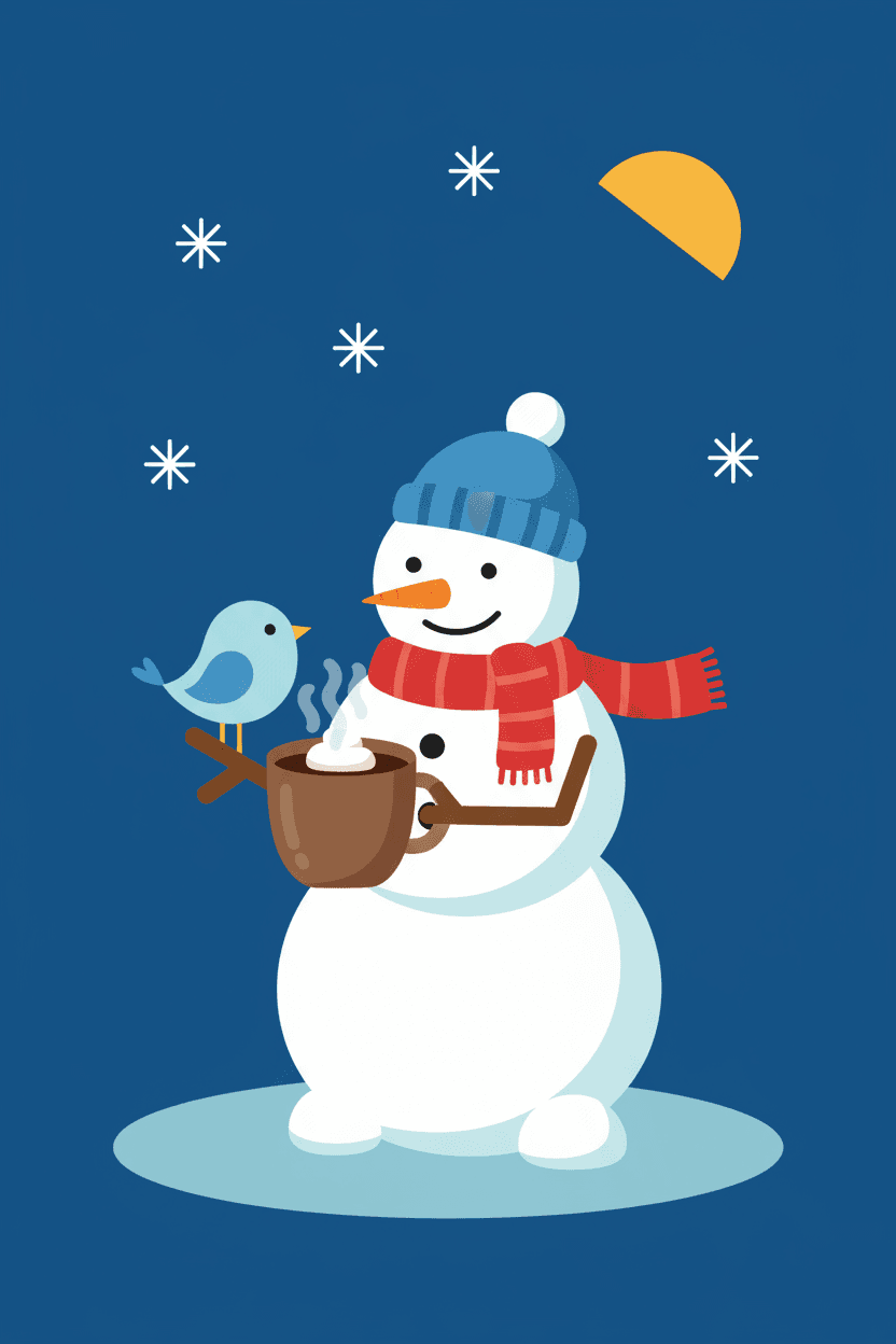 작은 새에게 따뜻한 코코아를 건네는 눈사람의 평면 디자인 일러스트.