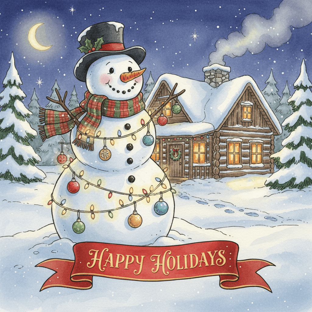 따뜻한 통나무집 앞에 불빛과 장식으로 꾸며진 축제 분위기의 눈사람 일러스트.