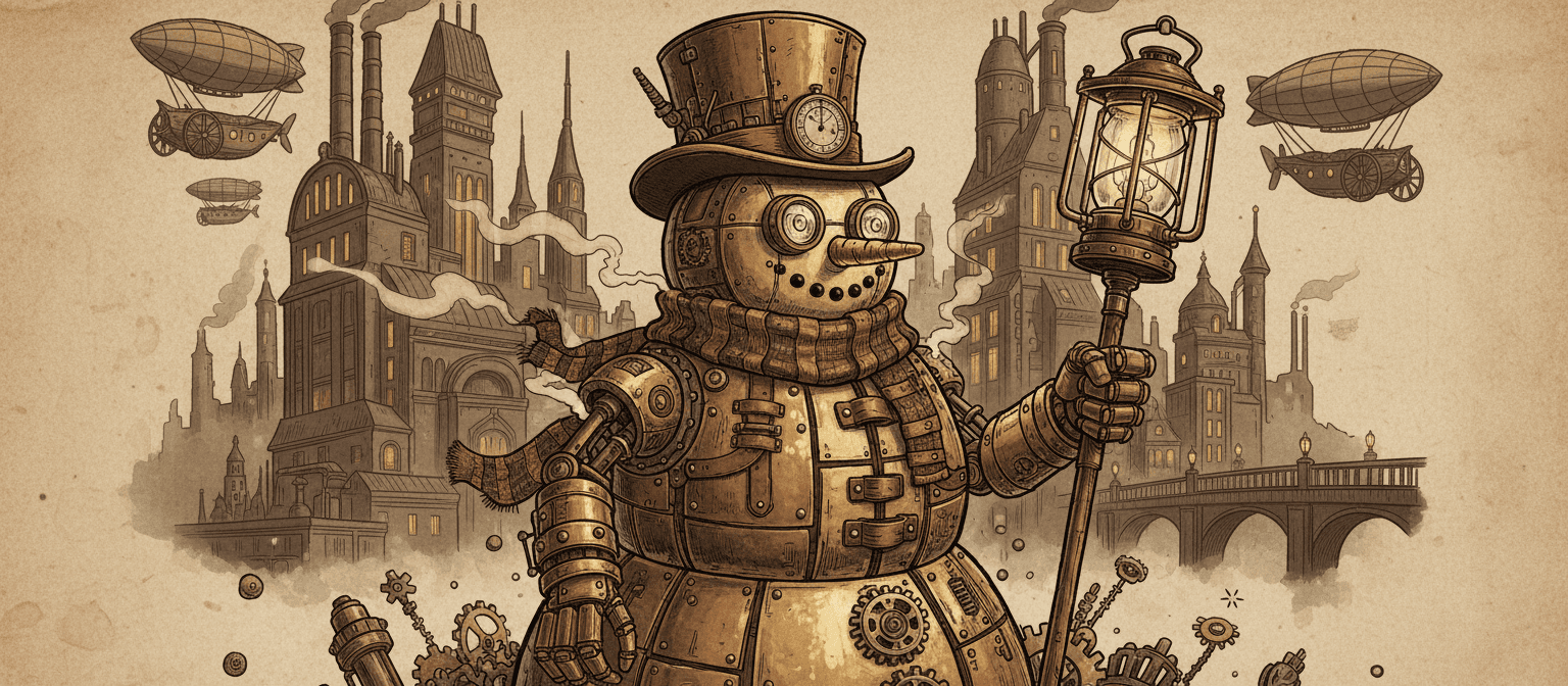 기어, 톱니바퀴, 금속 부속품으로 된 스팀펑크 테마 눈사람 일러스트.