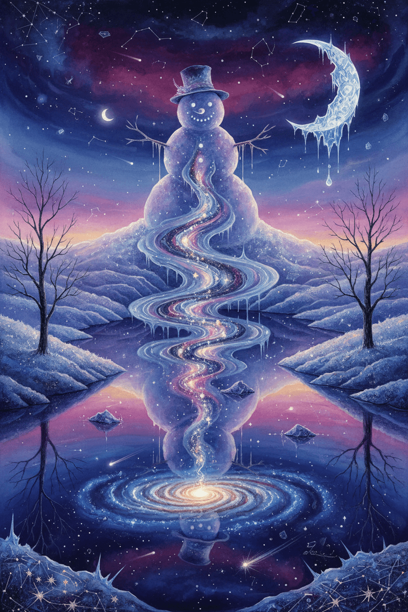 별 강물로 녹아내리는 눈사람의 초현실적인 일러스트.