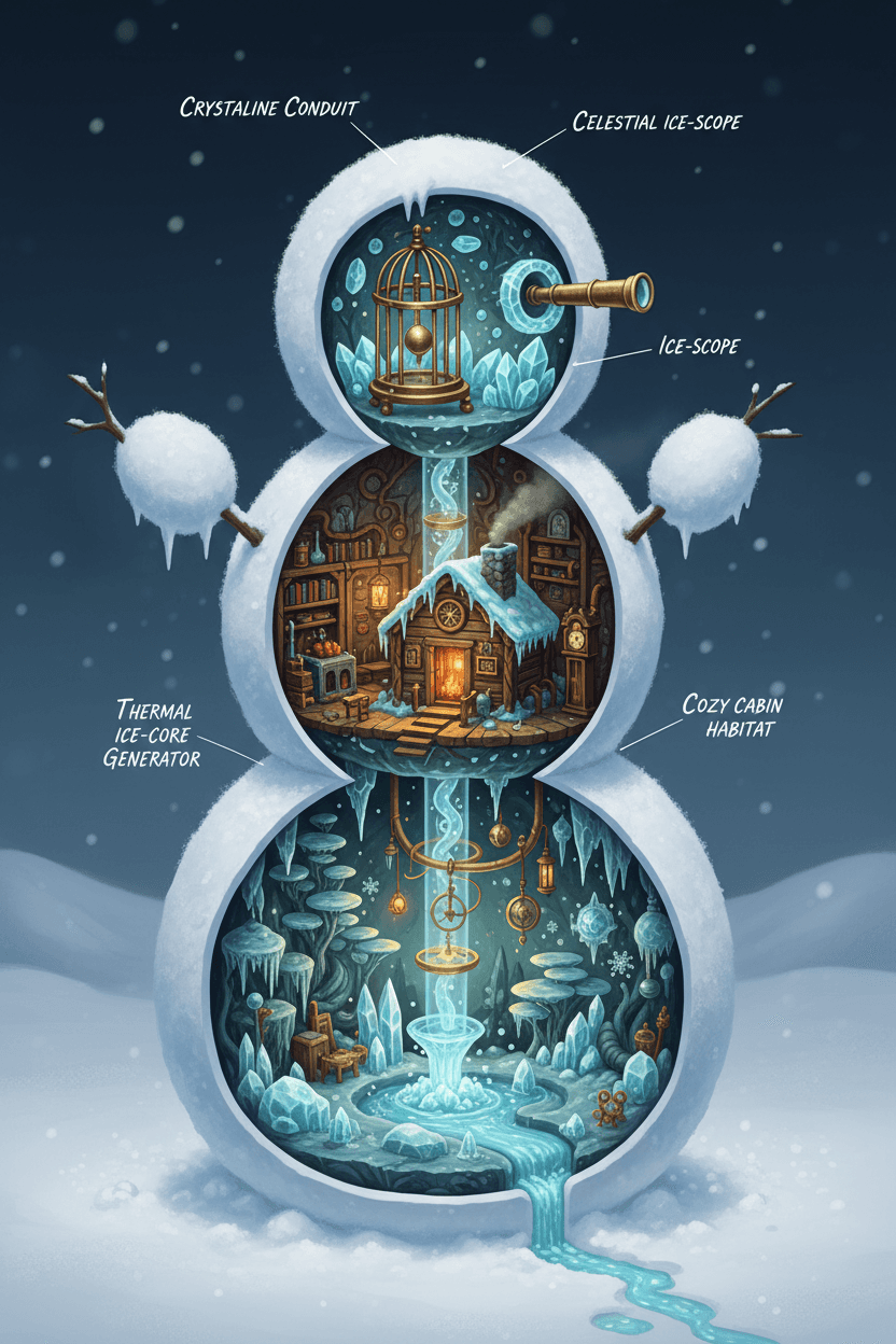 눈사람의 숨겨진 내부나 아늑한 작은 세계를 드러내는 상세한 단면 일러스트.