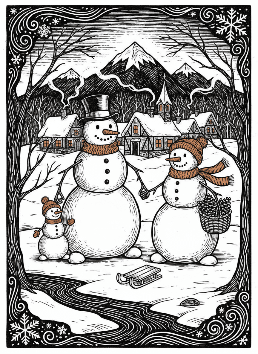 평화로운 마을에서 겨울을 즐기는 눈사람 가족의 리노컷 스타일 일러스트.