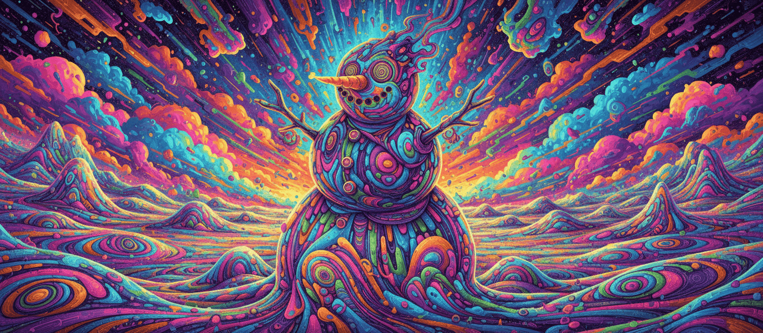 소용돌이치는 패턴과 생생하고 대조적인 색상으로 된, 환각적인 눈사람 일러스트가 만화경 같은 눈 풍경 속으로 녹아내린다.