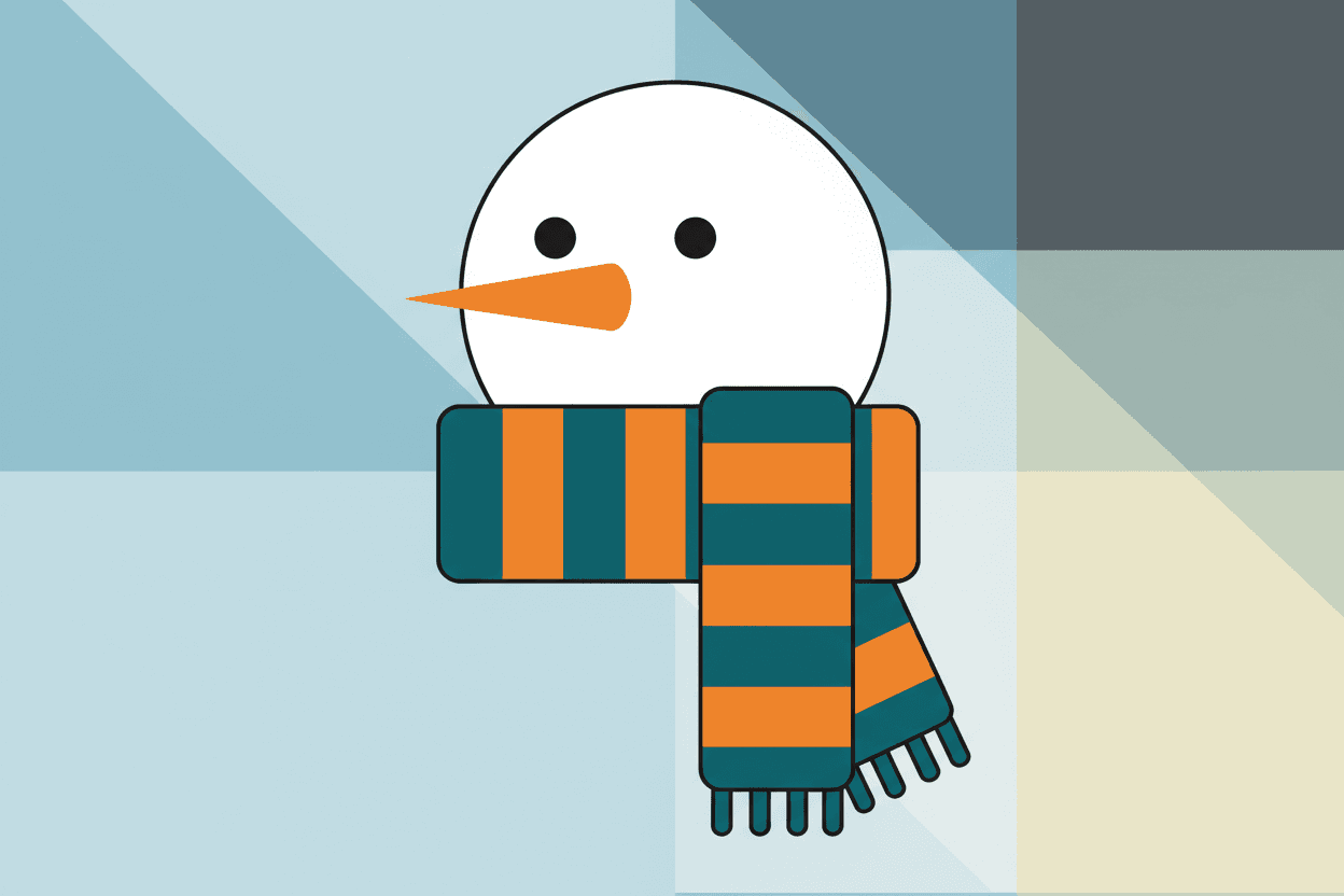 대담한 기하학적 스카프와 대비되는 색상이 특징인 눈사람 머리의 현대적인 그래픽 일러스트.