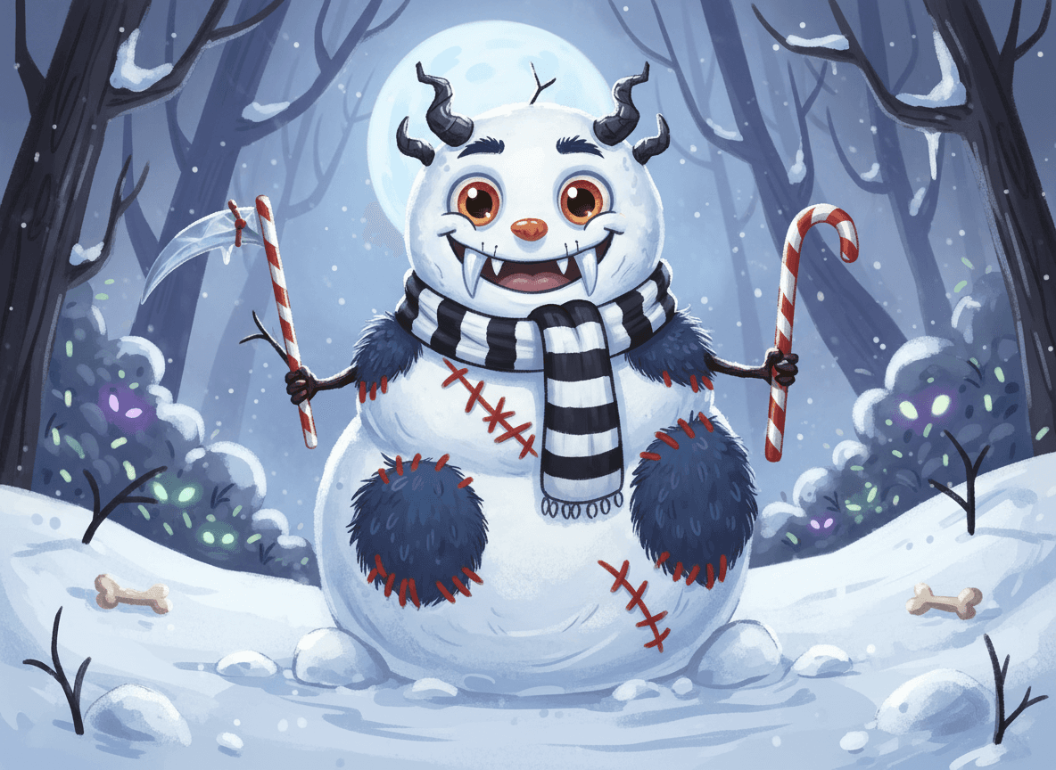 큰 송곳니와 작은 뿔이 있지만 여전히 친근해 보이는 귀여운 괴물 스타일 눈사람 일러스트.