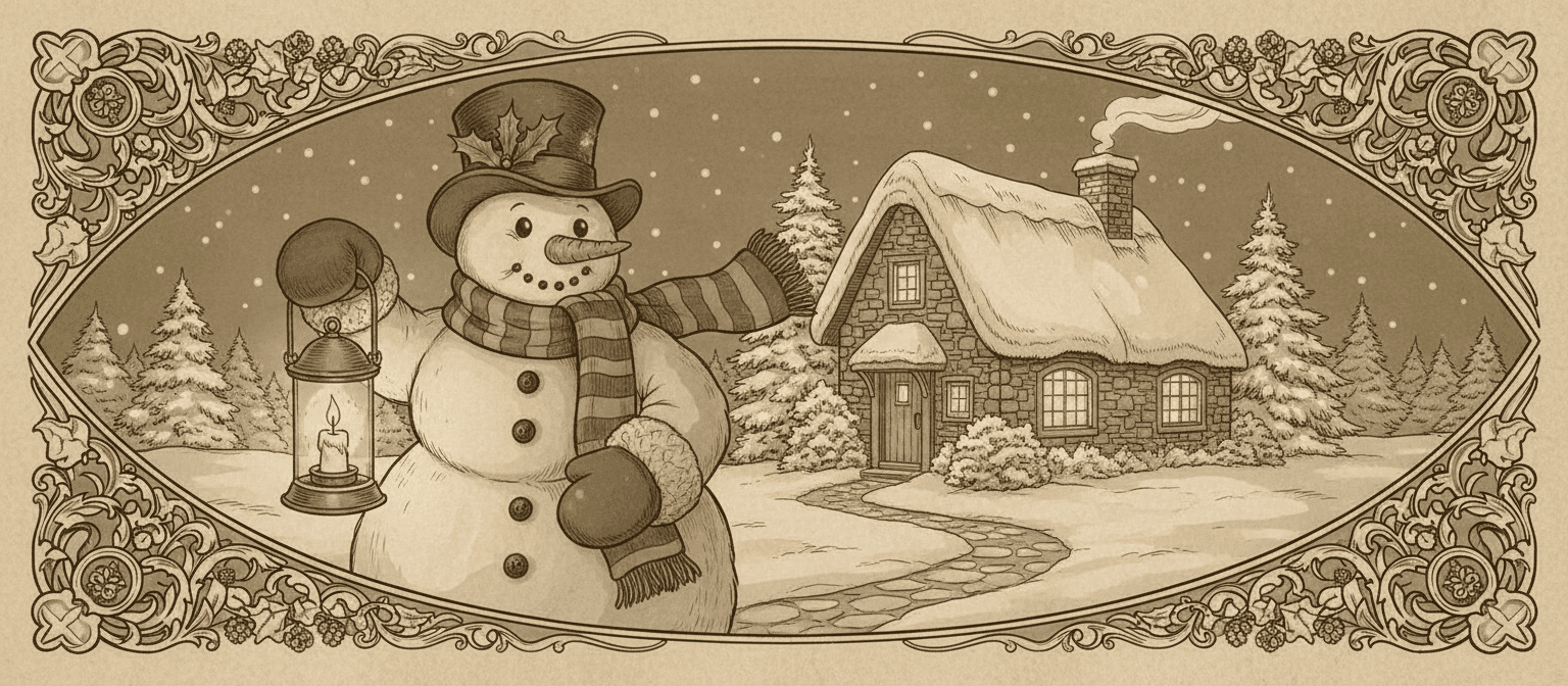 골동품 스타일의 눈사람이 램프를 들고 굴뚝에서 연기가 피어오르는 예쁜 오두막 밖에 서 있는 화려한 일러스트.