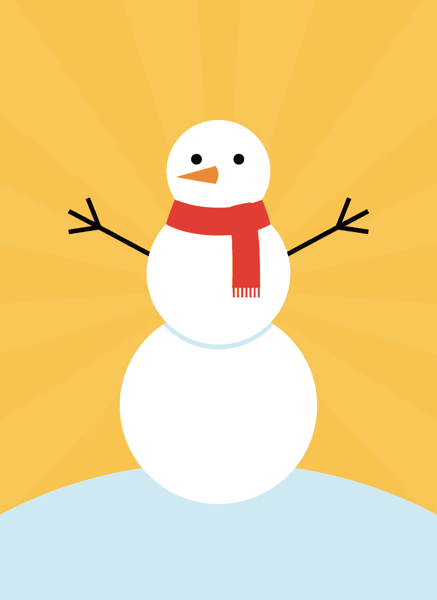 노란색 배경에 단순한 기하학적 도형으로 표현된 미니멀리스트 눈사람 일러스트.