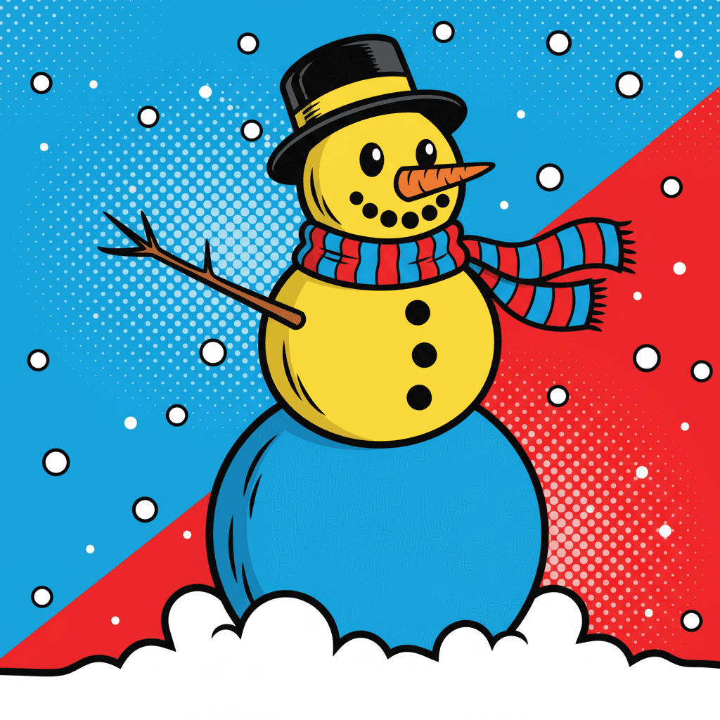 대담한 윤곽선과 밝은 원색이 특징인 팝아트 스타일 눈사람 일러스트.