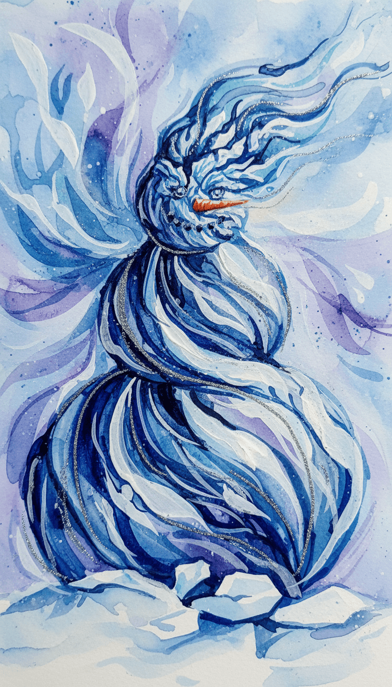 파란색, 흰색, 보라색의 소용돌이 패턴을 가진 추상적인 눈사람 일러스트.