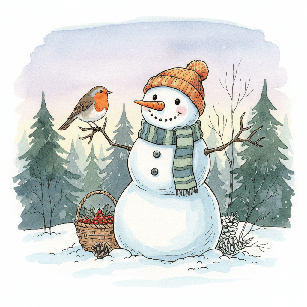 가지 팔에 새가 앉아있는 행복한 눈사람 수채화 및 잉크 일러스트, 평화로운 숲 배경.