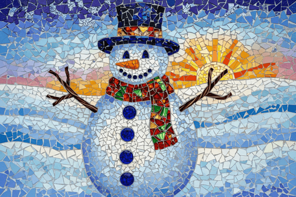 다채로운 깨진 타일이나 유리 조각으로 만든 모자이크 스타일 눈사람 일러스트.