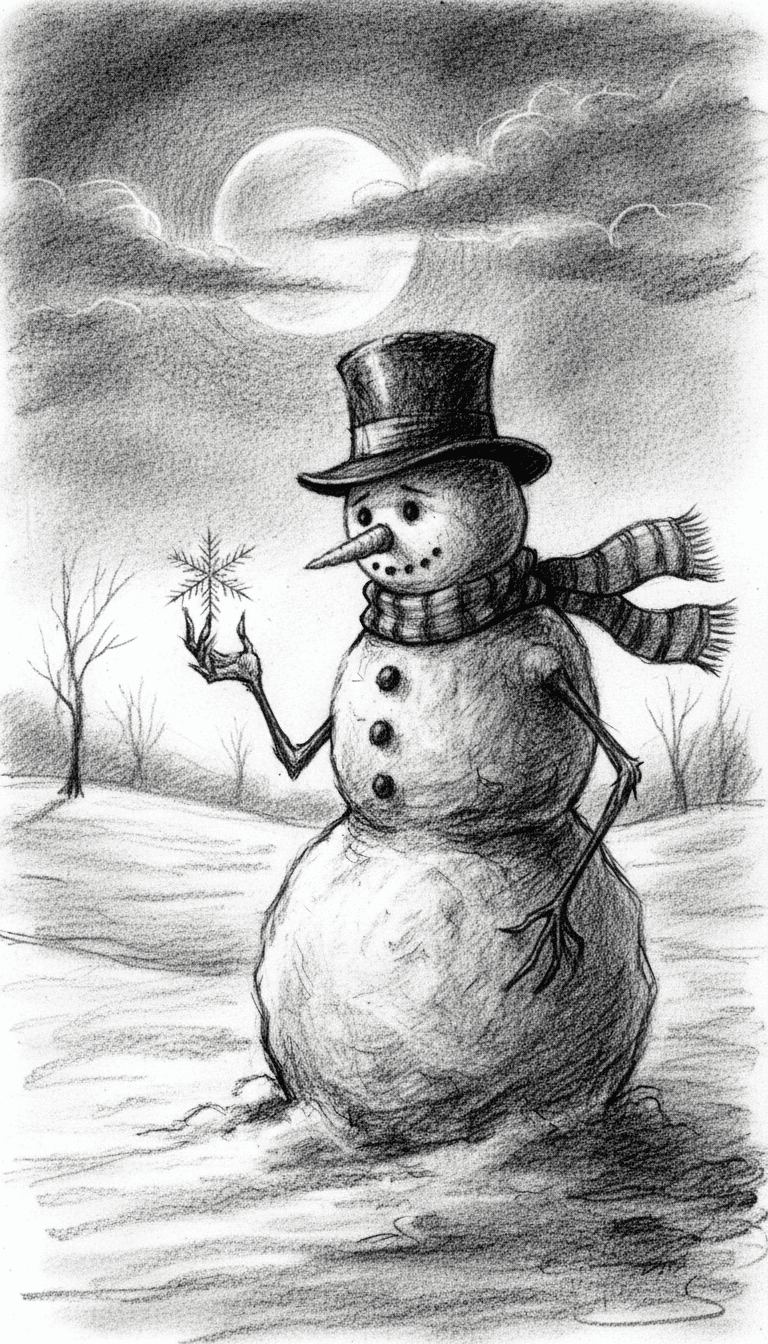 나뭇가지 손 위의 눈송이를 응시하는 사려 깊은 눈사람의 목탄 스케치 일러스트.