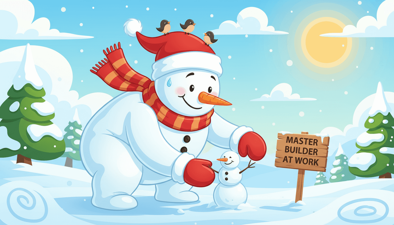 행복하게 또 다른 미니어처 눈사람을 만들고 있는 눈사람의 장난기 넘치는 디지털 일러스트.