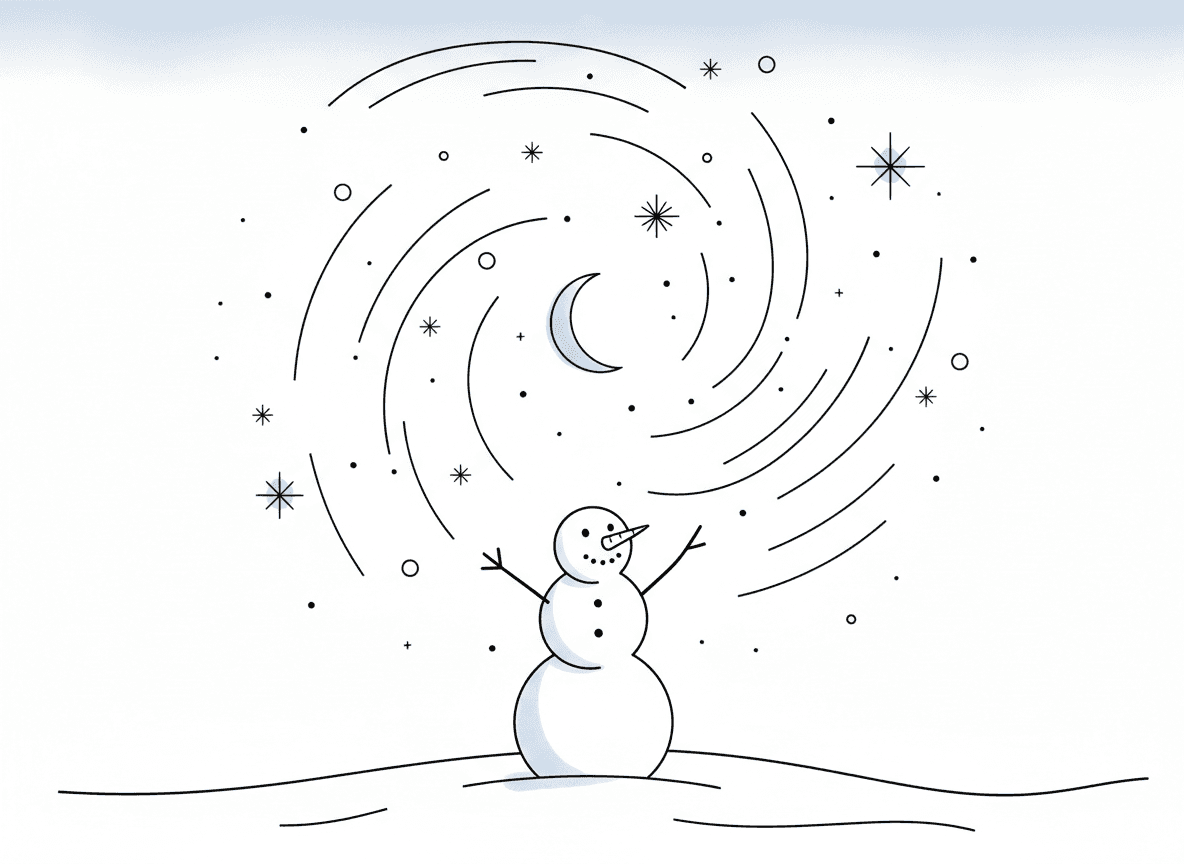 별이 가득한 겨울 밤하늘을 올려다보는 고독한 눈사람의 미니멀한 라인 아트 일러스트.