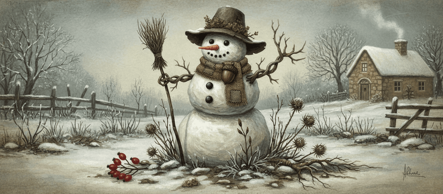 나뭇가지와 돌멩이로 만든 소박한 눈사람이 겨울 정원에 서 있는 포크 아트 일러스트.