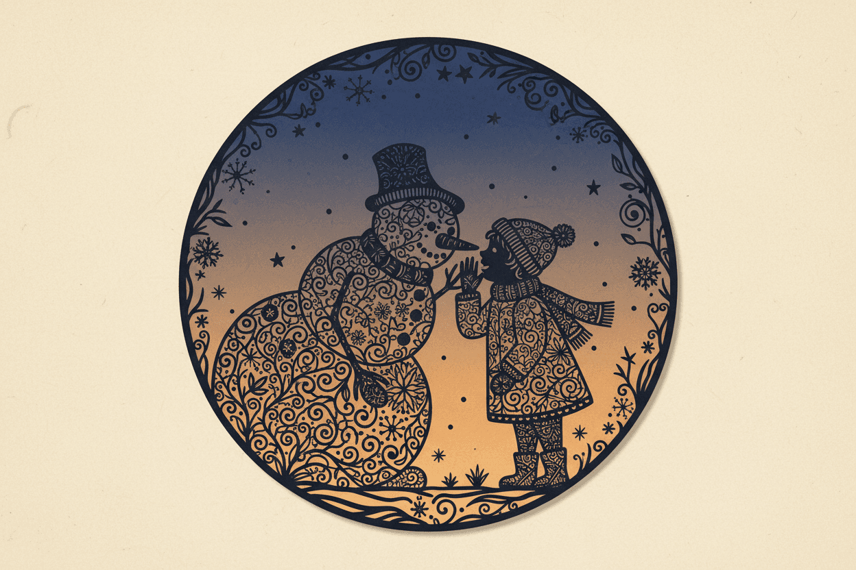 눈사람과 아이가 비밀을 나누는 정교한 페이퍼컷 일러스트.