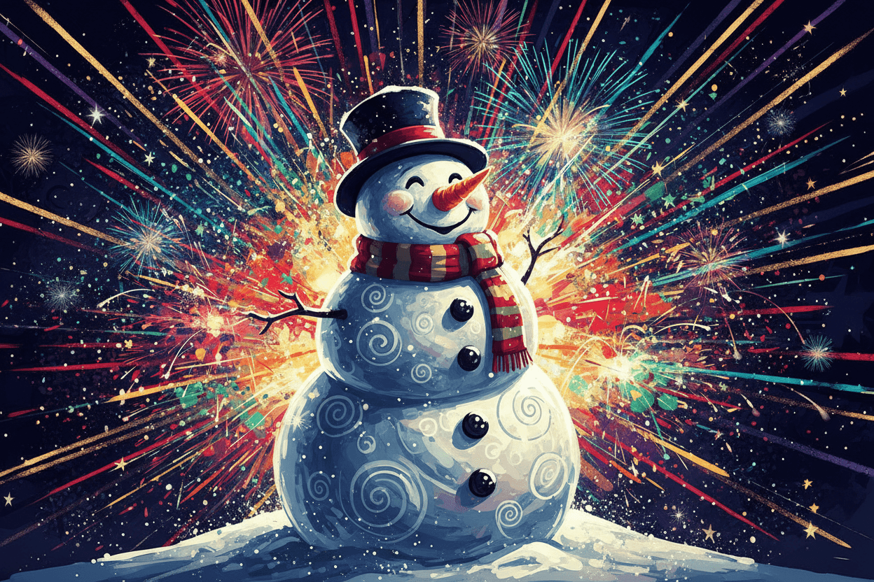 어두운 밤하늘을 배경으로 화려한 불꽃놀이에 둘러싸인 웃는 눈사람의 생생한 디지털 일러스트.
