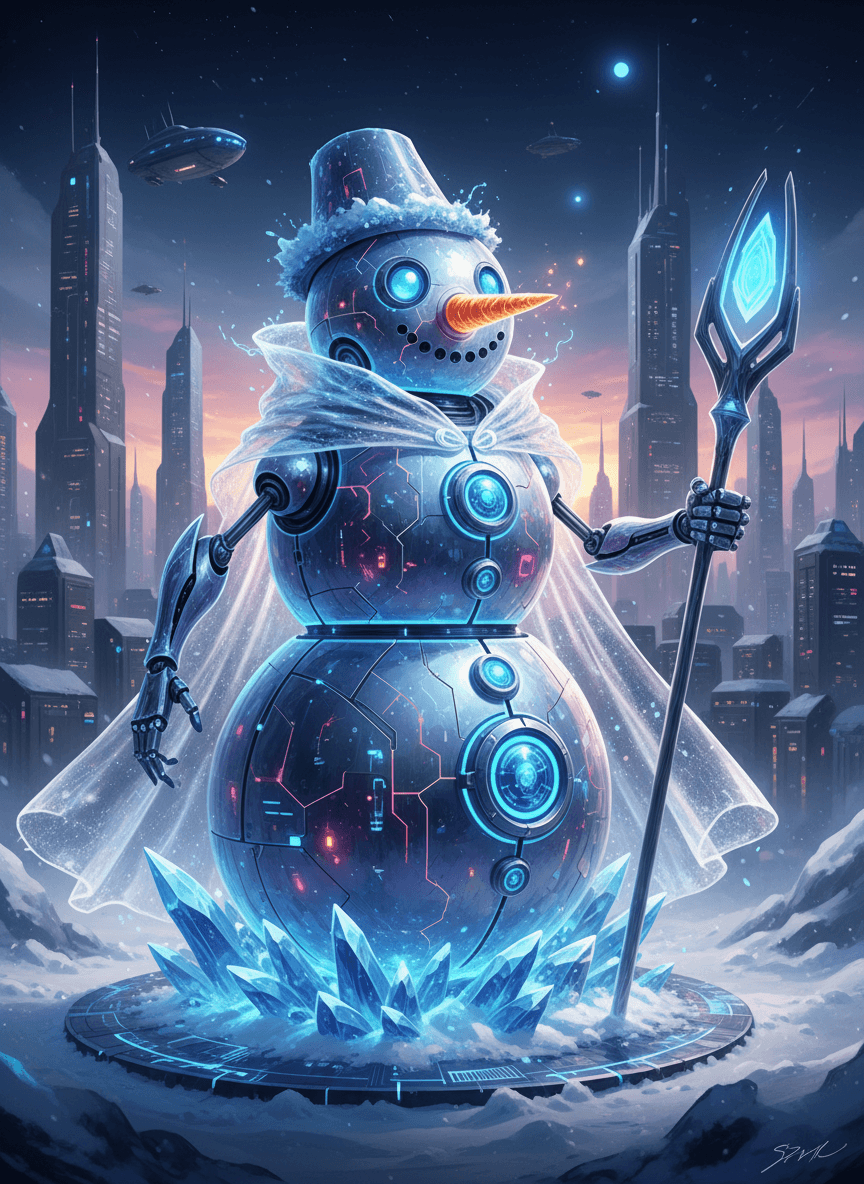 내부 조명으로 빛나고 윤기 있고 반투명한 재료로 만들어진 '미래 기술' 눈사람 일러스트.