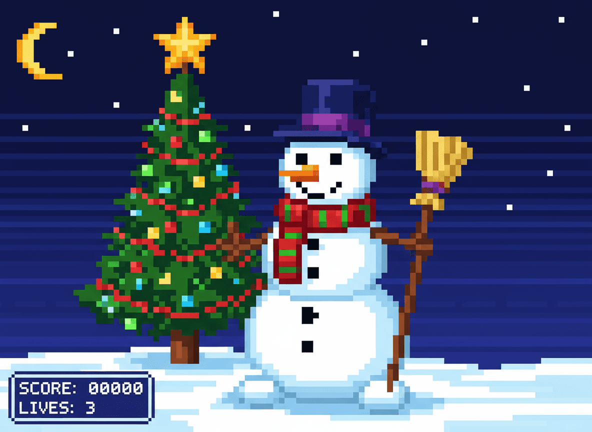 픽셀 아트 눈사람 일러스트, 픽셀화된 크리스마스 트리 앞에 서 있는 모습.