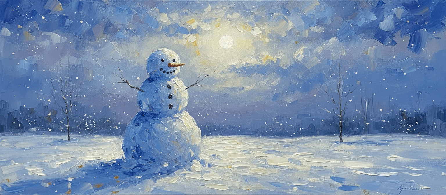 황량한 겨울 풍경 속 보름달의 부드러운 빛 아래 반짝이는 눈사람의 인상주의 회화 스타일 일러스트.