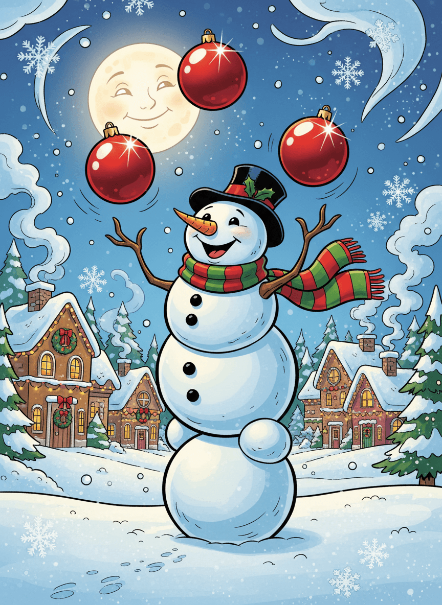 눈 덮인 마을을 배경으로 빨간 크리스마스 장식 3개를 저글링하는 유쾌한 눈사람.