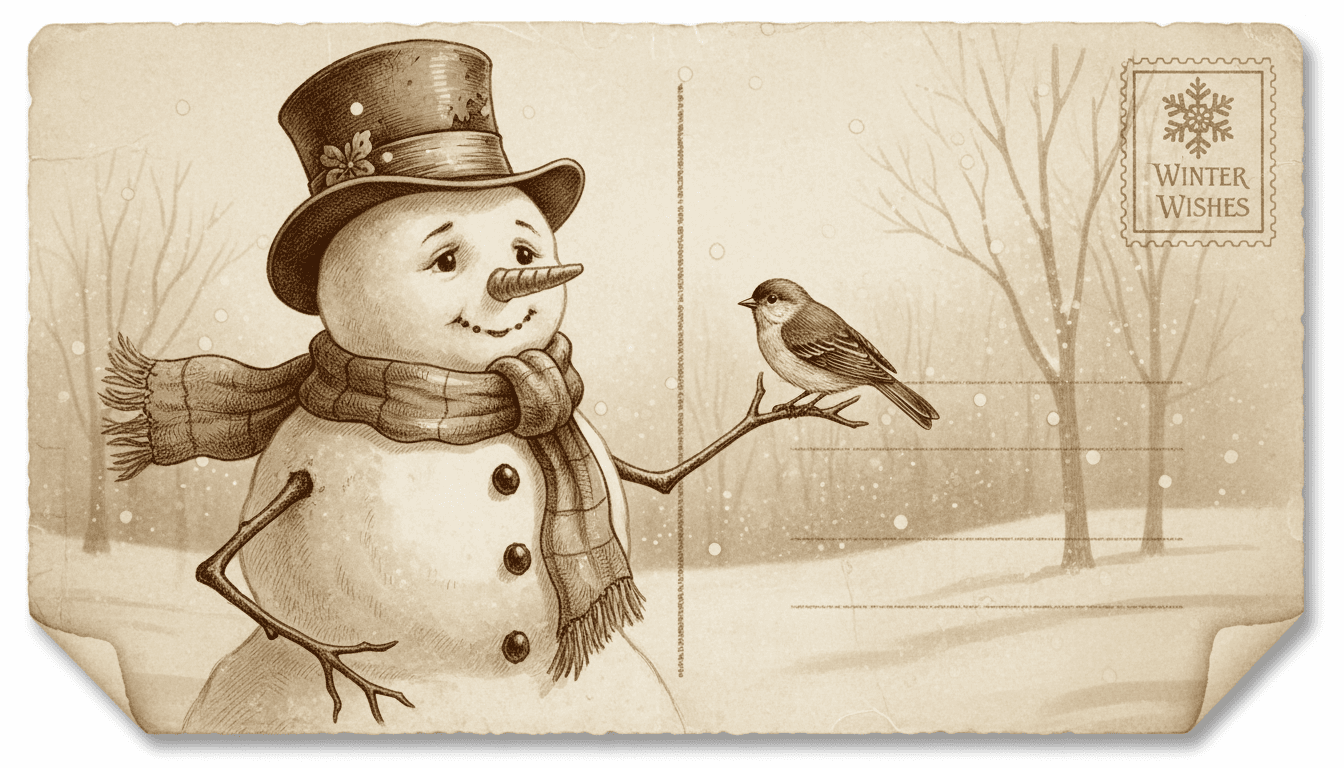 새가 팔에 앉아 있는 것을 아련하게 바라보는 앤티크 스타일 눈사람 일러스트.