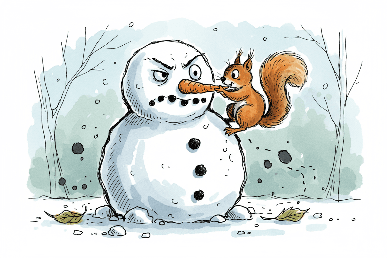 개구쟁이 다람쥐에게 당근 코를 도둑맞으려 하는 심술궂은 눈사람의 스케치 먹선 일러스트.