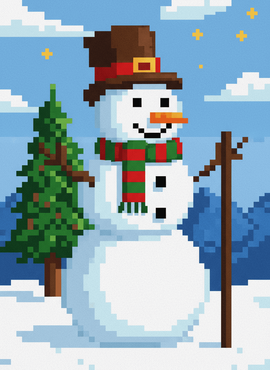 8비트 레트로 비디오 게임 스타일의 픽셀 아트 눈사람 일러스트.