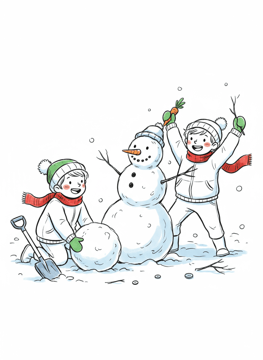 두 명의 행복한 아이들이 눈사람을 만드는 모습을 그린 장난기 가득한 선화 일러스트.