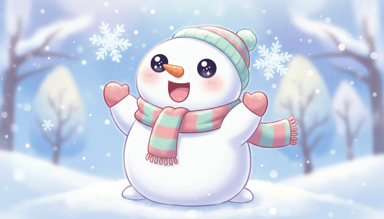 떨어지는 눈송이를 혀로 받으려는 귀여운 꼬마 눈사람 일러스트.