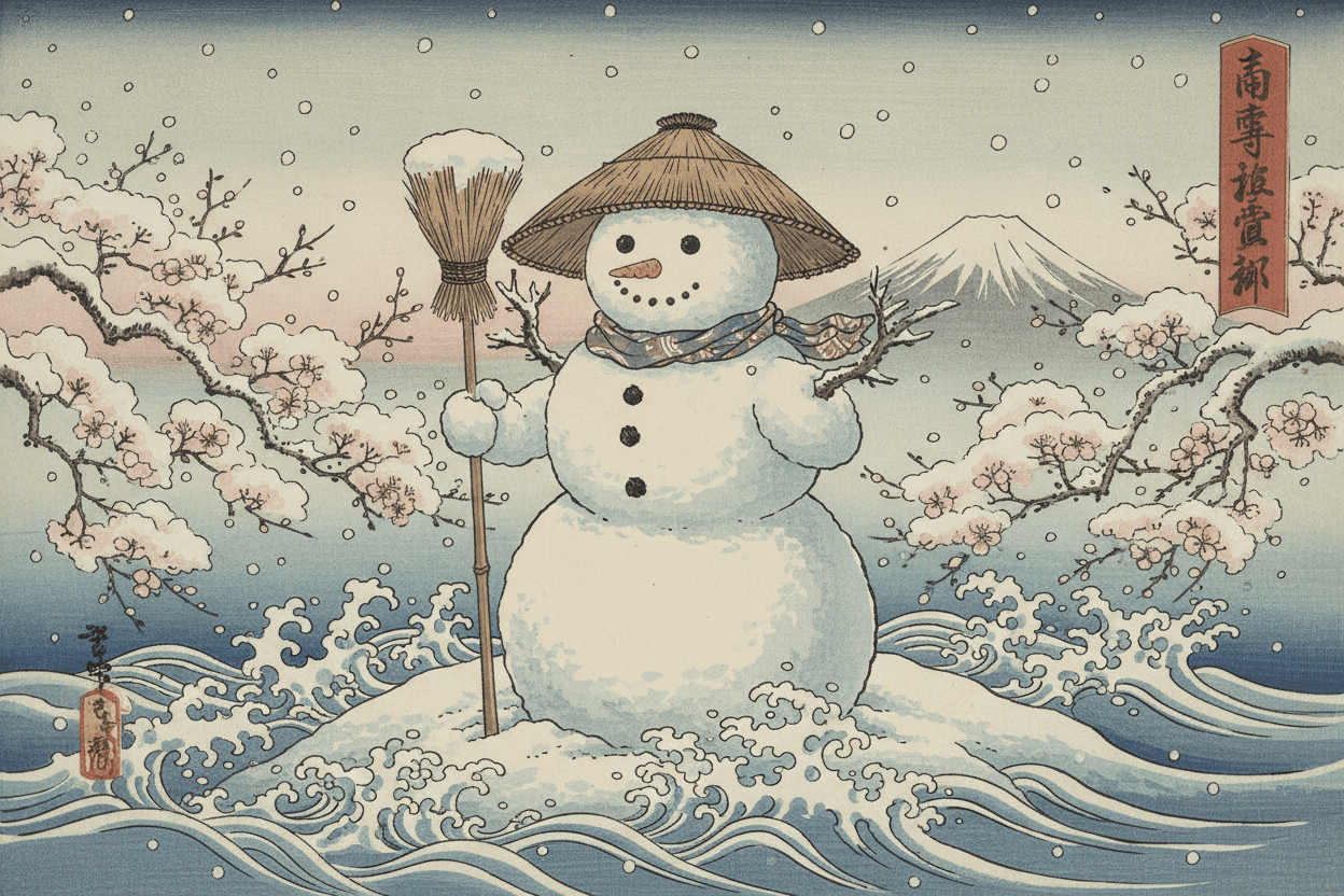 일본 전통 우키요에 목판화 스타일의 눈사람 일러스트.