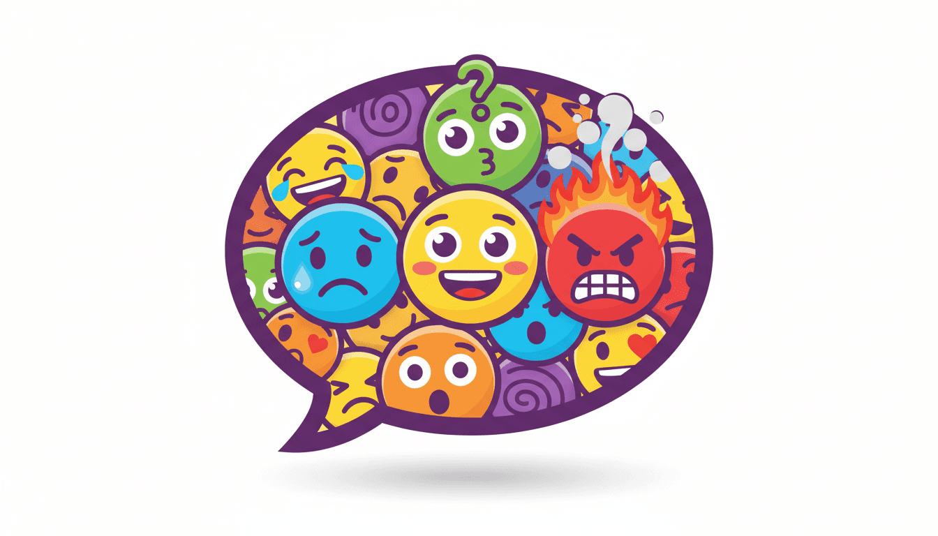 다양하고 표현력이 풍부한 이모지로 가득 찬 말풍선.