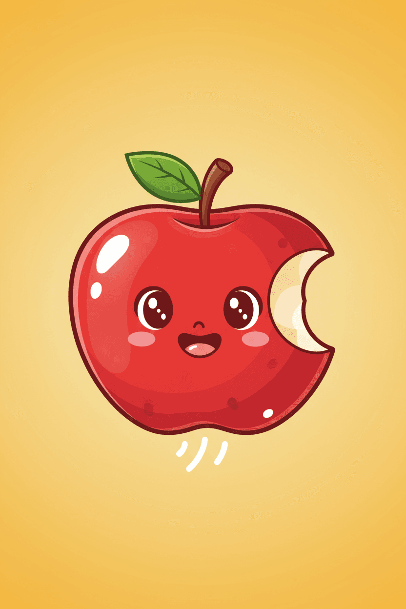 한 입 베어 먹은 통통한 빨간 사과 모양의 음식 테마 말풍선 일러스트, 그림 같은 만화 스타일, 행복한 표정.