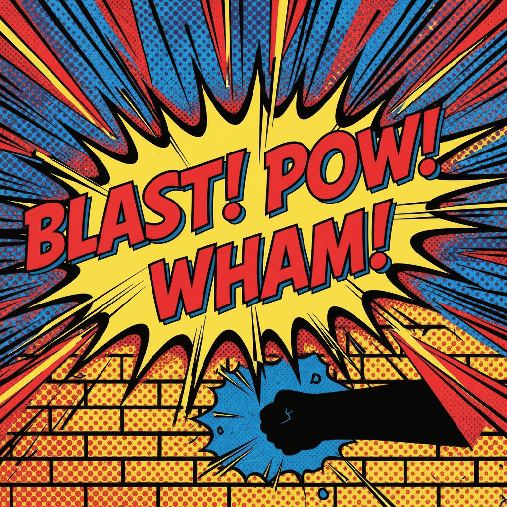 굵은 윤곽선, 망점, 표현적인 감탄사, 밝은 원색이 특징인 만화책 스타일의 말풍선 일러스트, 액션 라인이 함께 그려져 있다.