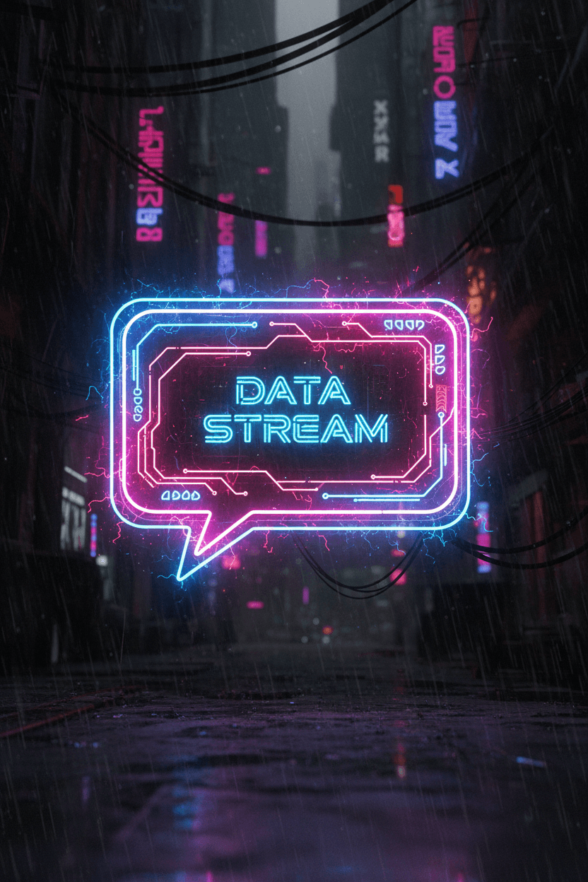 어두운 배경에 밝고 빛나는 전기 블루와 핫핑크 윤곽선이 있는 네온 글로우 말풍선 일러스트, 미래적이고 사이버펑크 느낌.