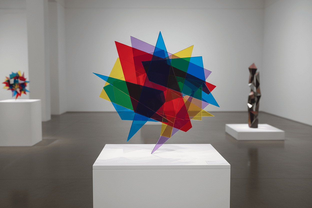 날카로운 각도, 겹쳐진 투명한 레이어, 밝은 원색이 특징인 추상적인 기하학적 말풍선 일러스트, 현대 미술 스타일.