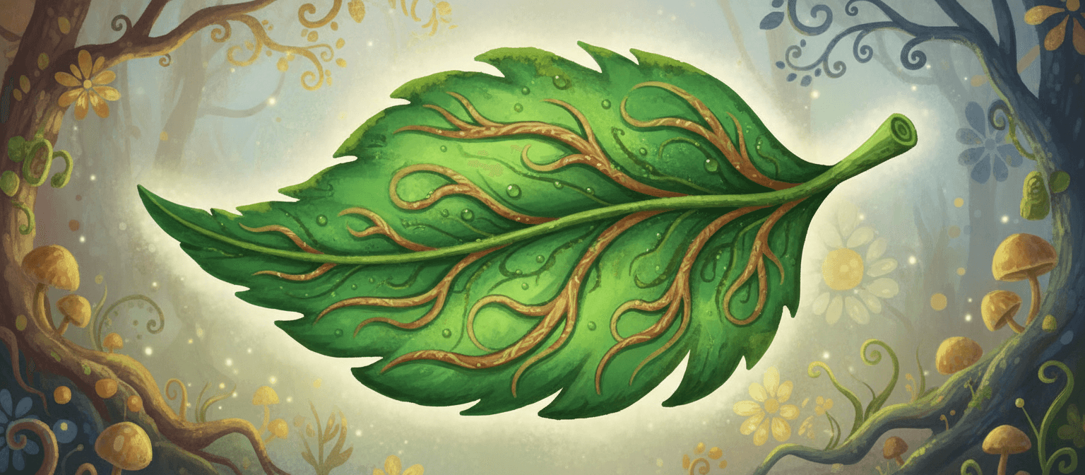 잎맥 디테일이 있는 녹색 나뭇잎 모양의 자연에서 영감을 받은 말풍선 일러스트, 유기적인 질감, 흙빛 색조, 기발한 판타지 스타일.