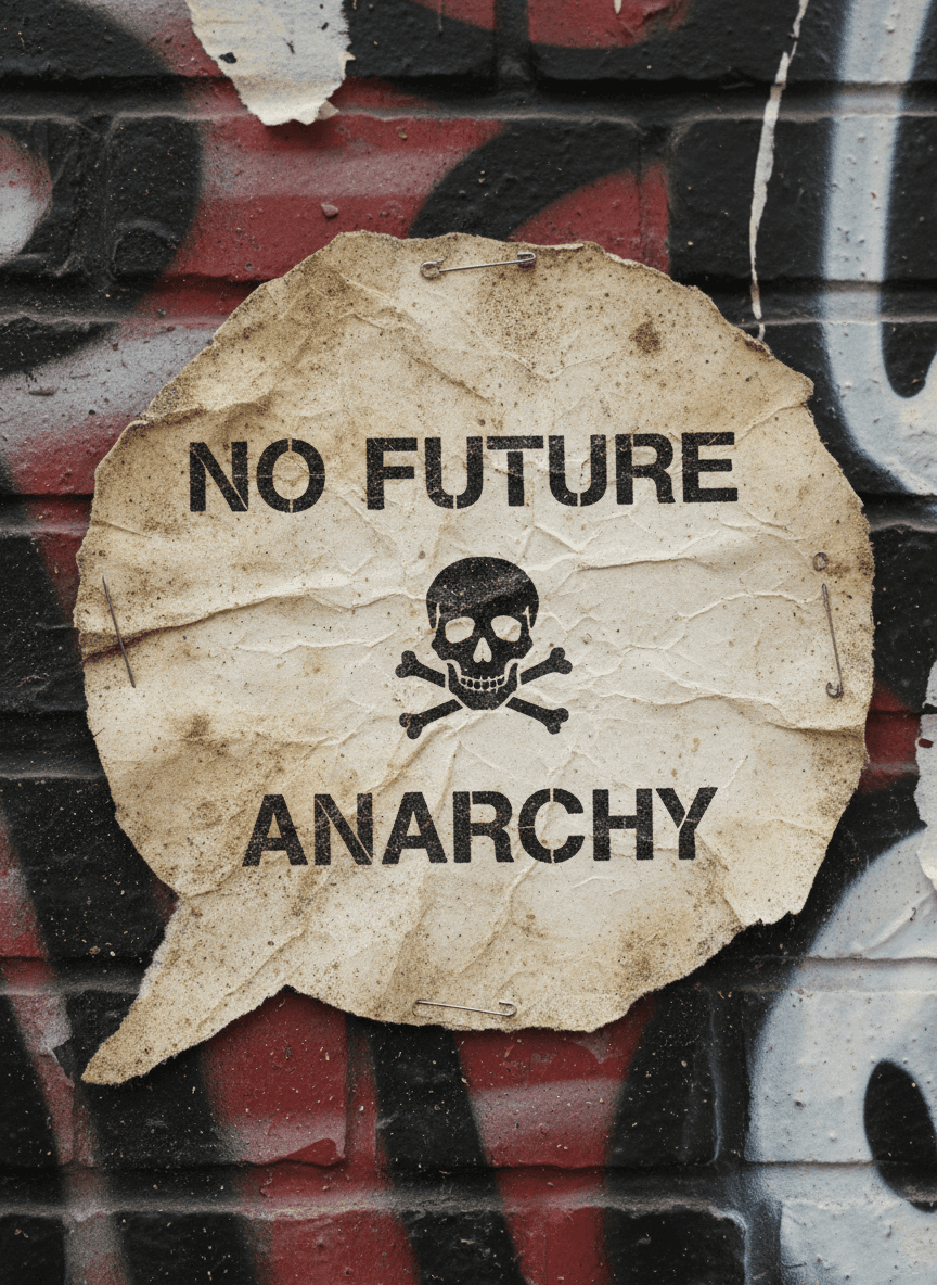 찢어진 종이 가장자리, 바랜 검은 잉크, 거친 질감이 특징인 그런지 스타일의 말풍선 일러스트, 펑크 록 미학을 구현한다.