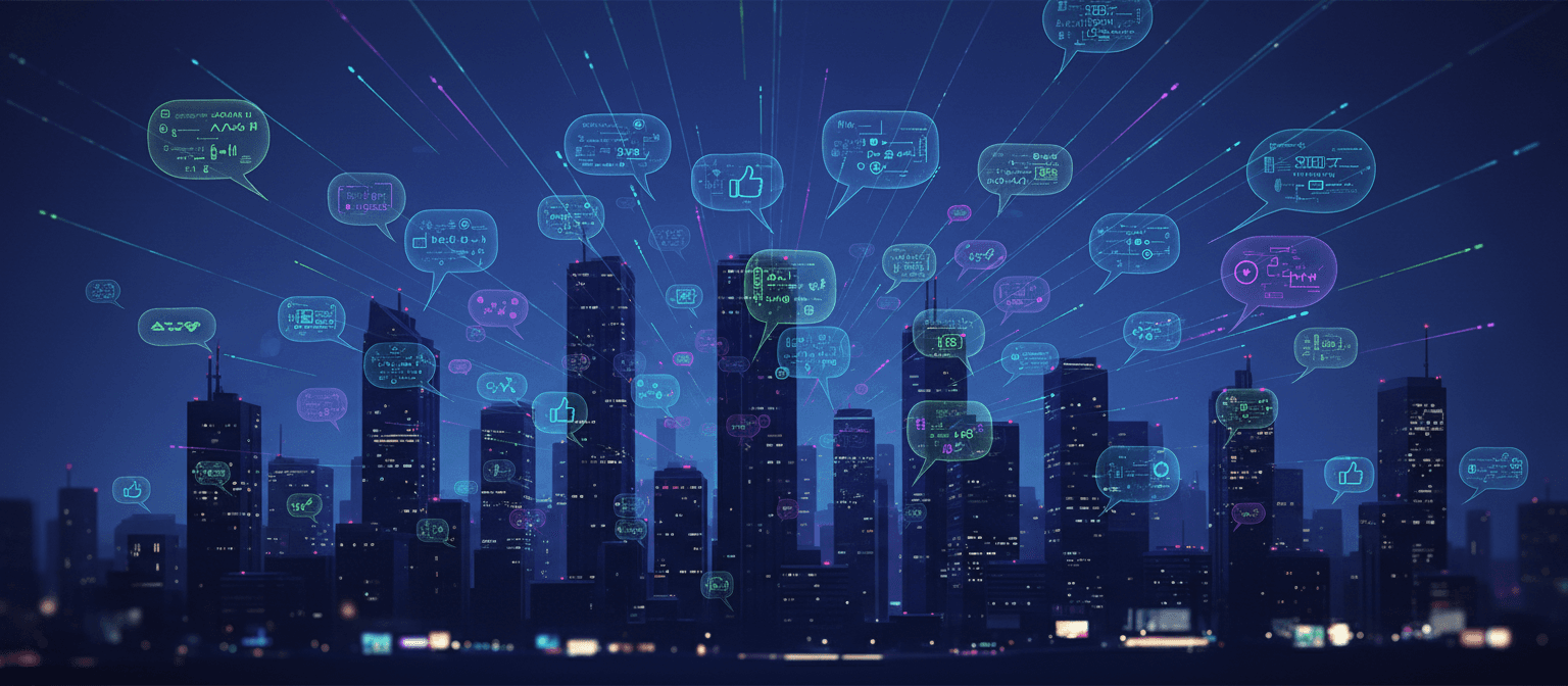 도시 통신을 상징하며 도시 스카이라인에 통합된 말풍선 일러스트.