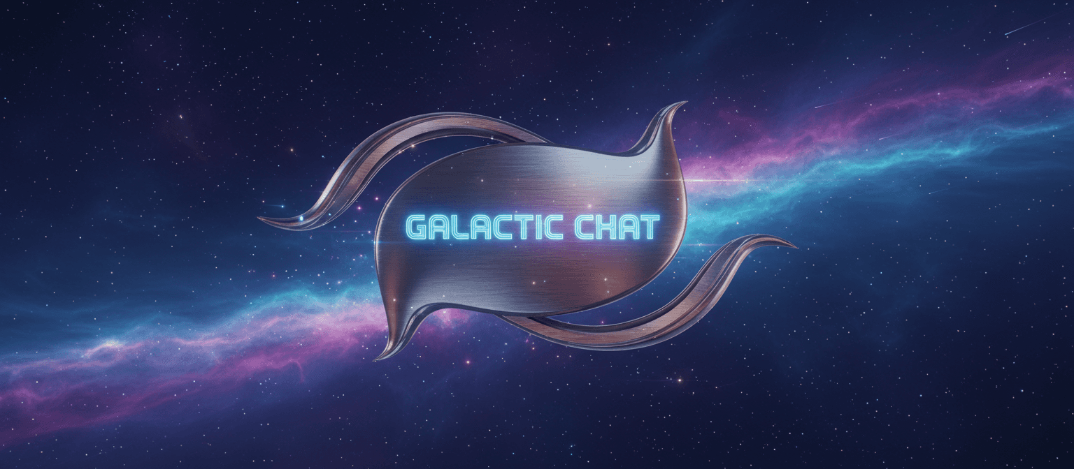 우주 성운 배경, 떠다니는 별, 금속 질감, 깊은 파란색과 보라색이 특징인 우주 테마 말풍선 일러스트, SF 컨셉.