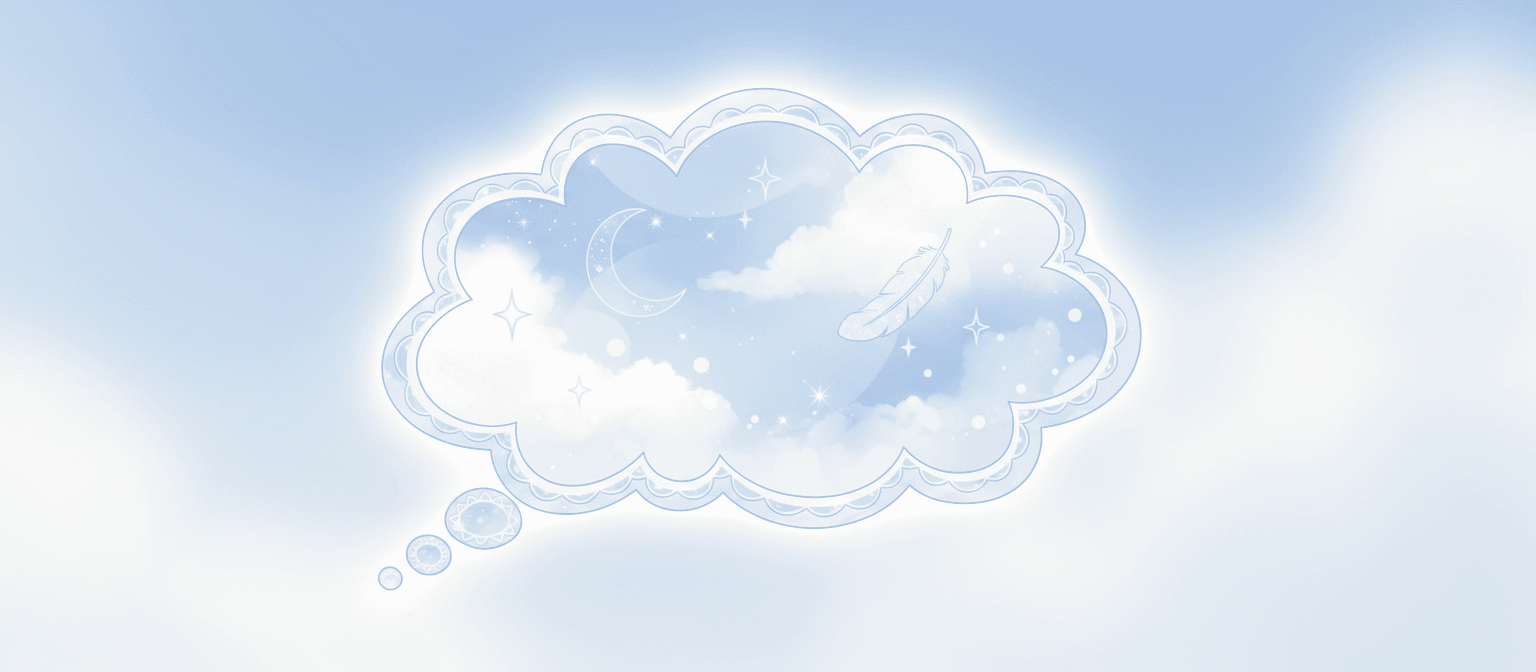 물결 모양의 테두리가 있는 구름 모양의 생각 풍선 일러스트, 연한 파란색과 흰색, 몽환적이고 꿈결 같은 느낌.