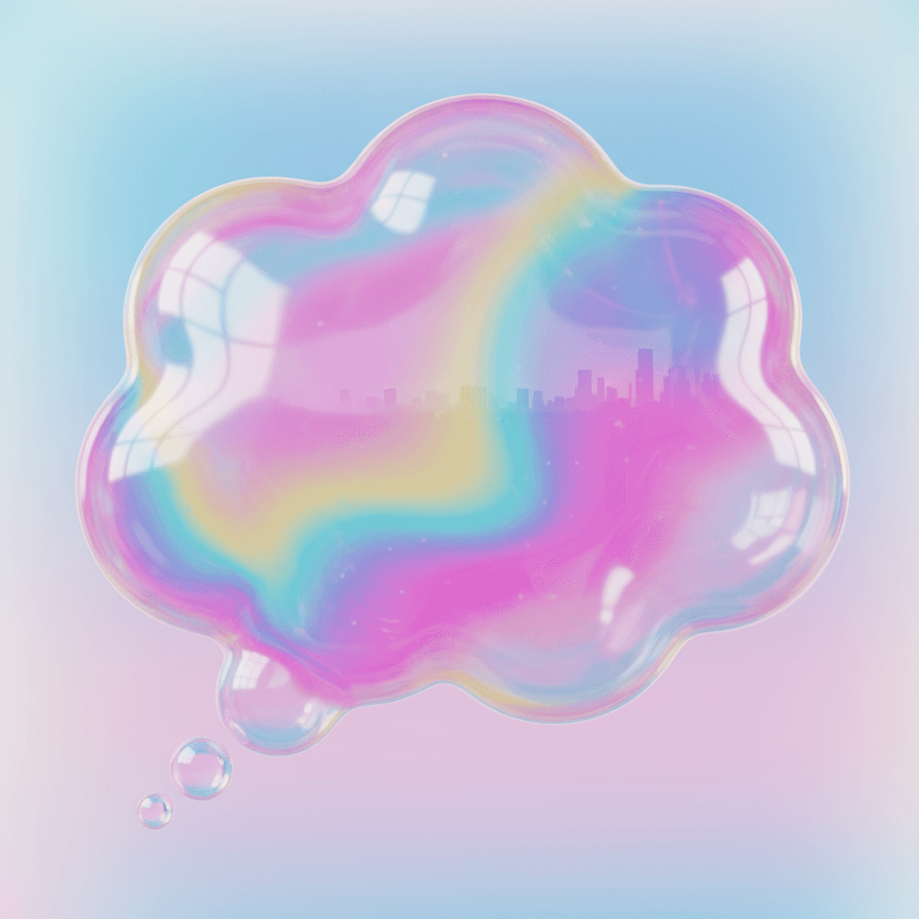 반투명한 껌 효과와 은은한 반사, 생동감 있는 무지개색, 매끄러운 플라스틱 질감을 가진 윤기 나는 말풍선 일러스트.