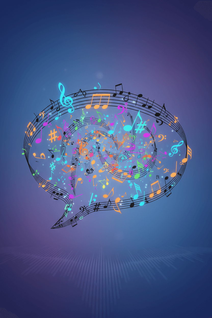 소용돌이치는 검은색 음표와 활기찬 음악 기호로 만들어진 리듬감 있는 말풍선 일러스트.