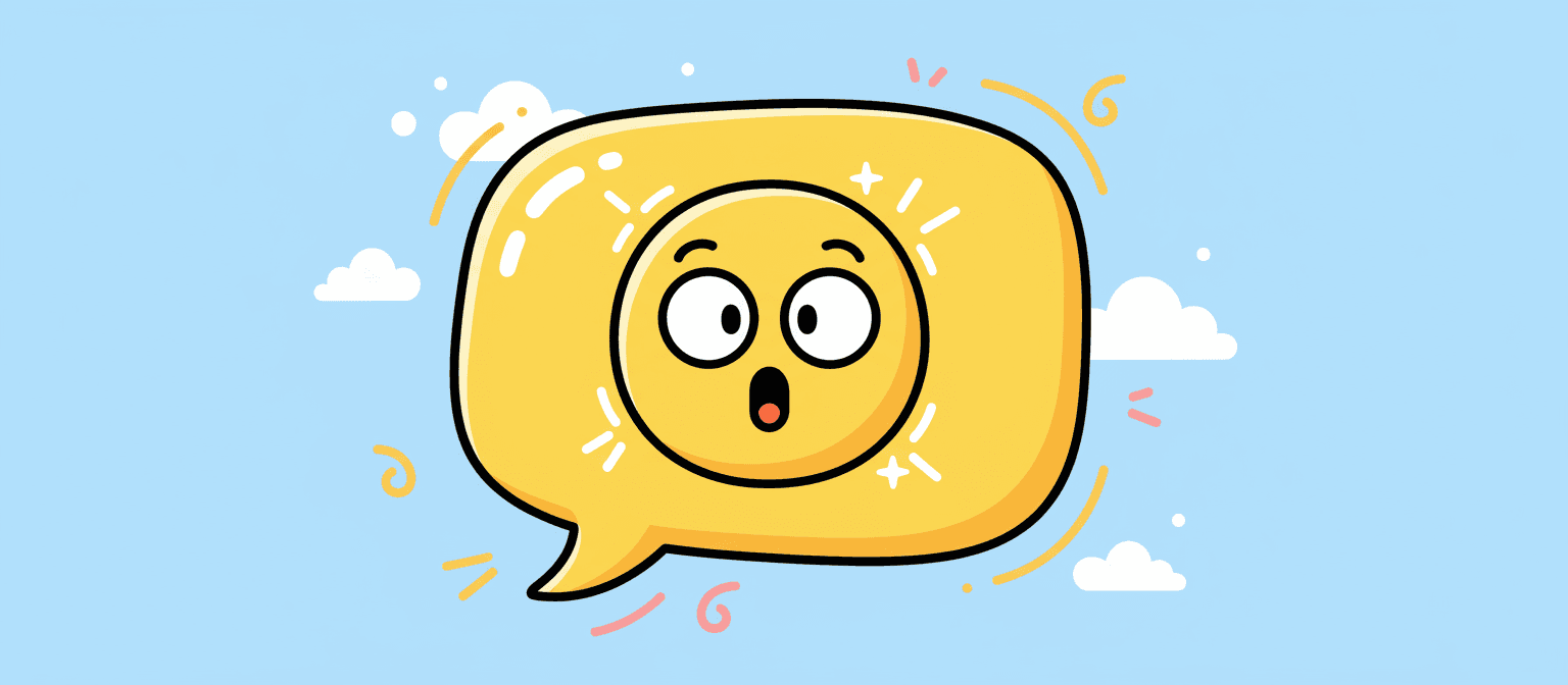 놀란 얼굴 이모티콘이 들어있는 장난기 넘치는 만화 스타일 말풍선 일러스트.