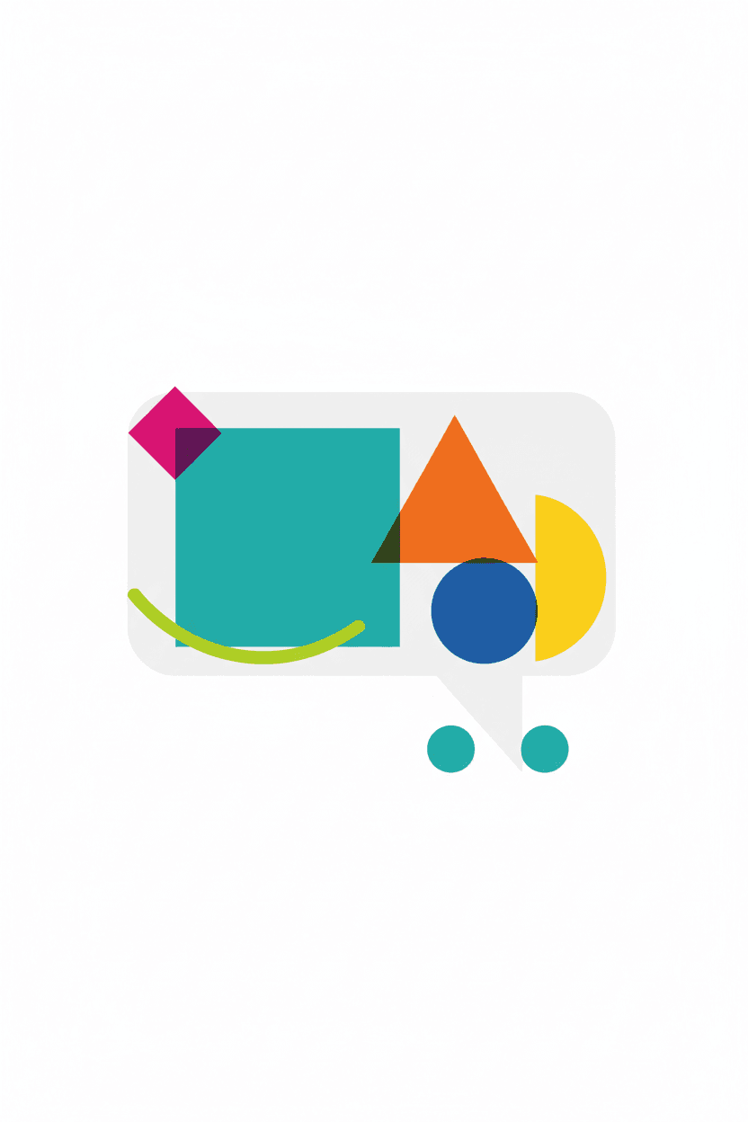 하얀색 배경에 다양한 기하학적 모양과 생생한 단색으로 이루어진 깔끔하고 현대적인 말풍선 일러스트, 벡터 아트 스타일.