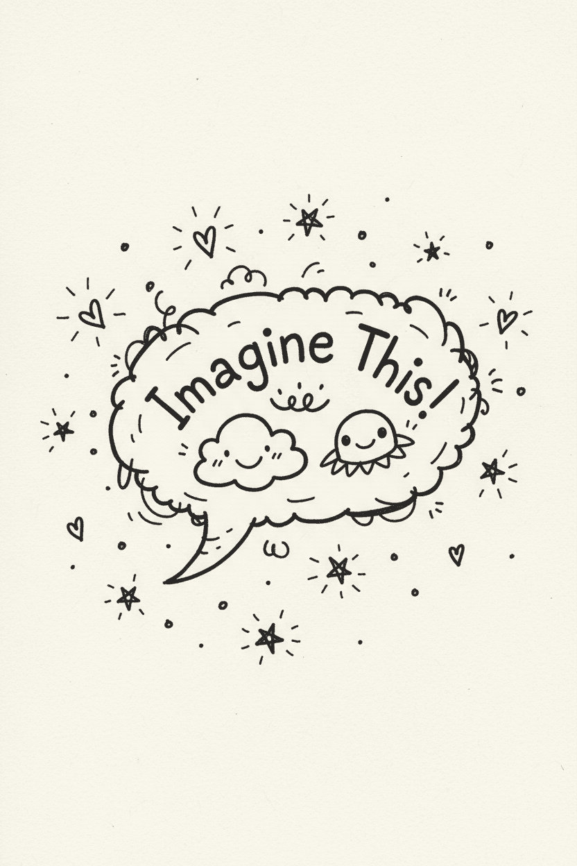 기발하고 불규칙한 모양과 얇은 검은색 선이 특징인 낙서 아트 말풍선 일러스트, 작은 별과 하트들로 둘러싸여 장난스러운 미학을 만든다.